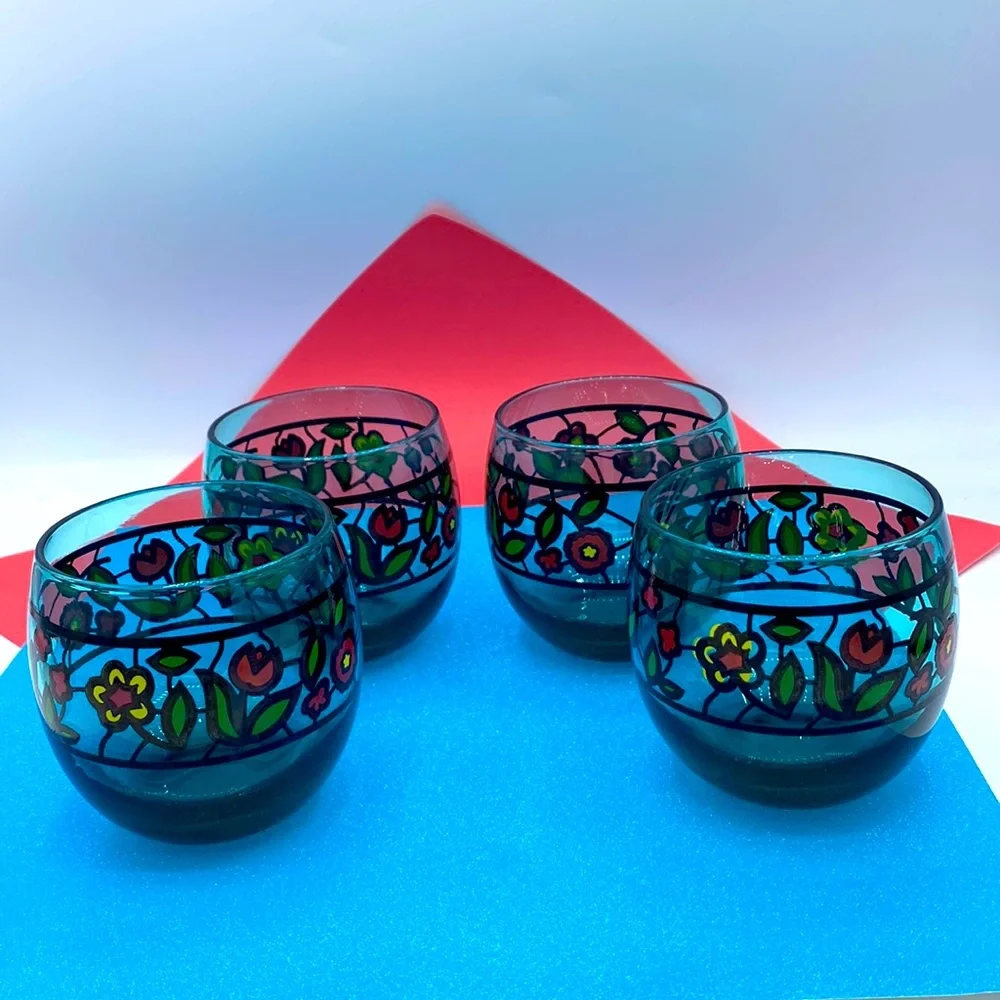 Mid Century Aqua Flower Roly Poly Lowball Tumblers Set Of 4